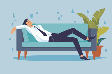 Exhausted businessman takes a rejuvenating nap on the office couch, embracing the power of rest and relaxation to recharge and refresh during a busy workday