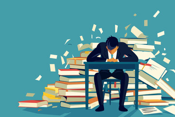 Exhausted businessman suffers from burnout, overwhelmed by the stress and pressure of excessive work, a concept of the importance of mental health and well-being in the workplace - obrazy, fototapety, plakaty