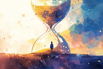 A person standing inside an hourglass, with the watercolor background representing time passing.  - obrazy, fototapety, plakaty