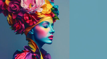 This image showcases a woman's profile adorned with a captivating floral headdress in bright, attention-grabbing colors.