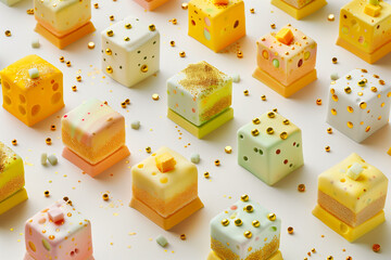 Pattern of colorful cakes neatly arranged in an isometric shape against white background with small golden balls .