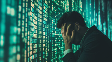A man in a dark suit appears overwhelmed in front of a screen displaying a complex array of digital data, symbolizing stress in technology.