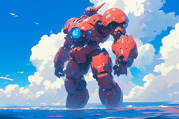 A red giant robot with blue lights on its face stands in the ocean