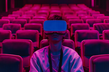 A person in a vivid purple light wears a VR headset, implying immersion in virtual reality cinema experience.