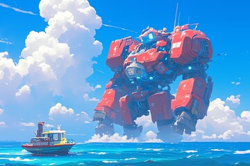 A red giant robot with blue lights stands on the sea, surrounded by white clouds and a clear sky.  - obrazy, fototapety, plakaty