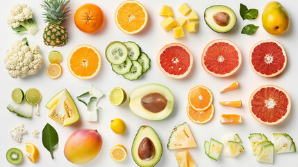 A close-up collection of healthy foods conveys the idea of diversity and richness of vitamins and...