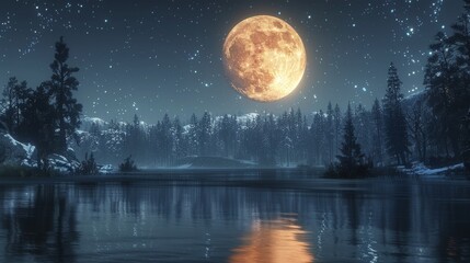 Fototapeta na wymiar Full Moon Reflecting in Water