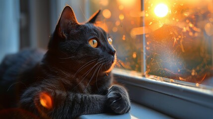 Black Cat Sitting on Window Sill Looking Out