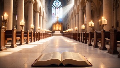 An open bible resting on a church altar, with natural light illuminating the interior, evokes a sense of spirituality and reverence