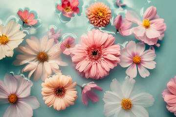 A beautiful assortment of soft colored flowers gently rested on pastel water, evoking femininity and softness.