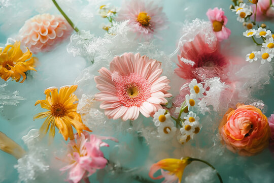 A serene image capturing delicate flowers frozen in ice, symbolizing beauty, preservation, and the ephemeral nature of life.
