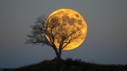 Fototapeta premium Full Moon Rising Over Tree on Hill