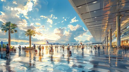 Many tourists are traveling by plane at the airport.