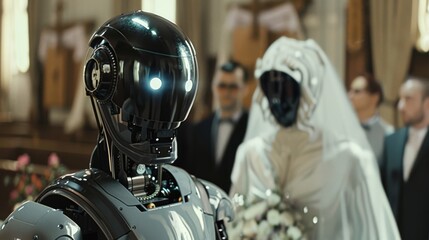 Robot in wedding attire as part of a ceremony, a unique take on future matrimonial events.