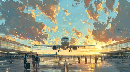 Many tourists are traveling by plane at the airport. - obrazy, fototapety, plakaty
