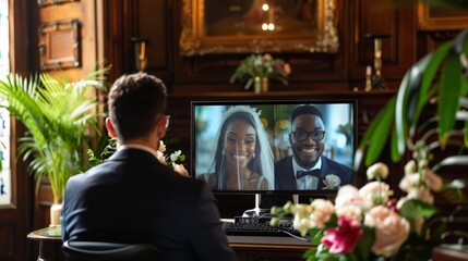 Wedding officiant conducting a virtual online wedding ceremony on a computer, ideal for modern matrimonial events.