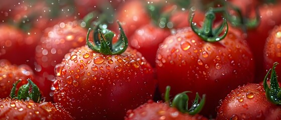 Close-up Image of Juicy Red Tomatoes with Water Droplets. Concept Food Photography, Fresh Produce, Vibrant Colors, Healthy Eating, Farm-to-Table