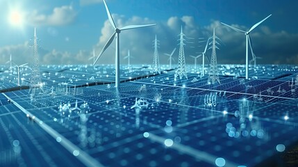 Renewable energy comes from wind turbines, solar cells, and water power.	
