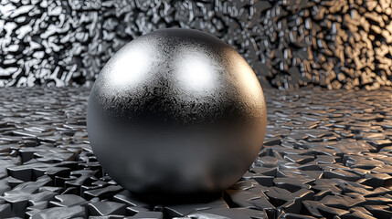 A silver ball is sitting on a rocky surface