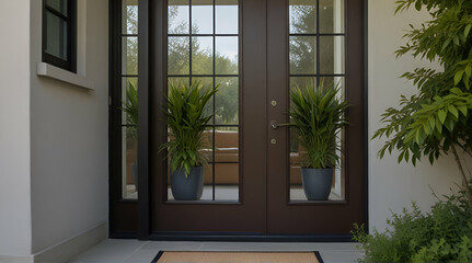 Front door with door mat plants and glass panel .Generative AI