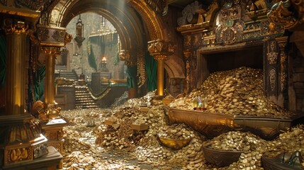 An opulent treasury room, filled with piles of gold coins, glittering jewels, and precious artifacts, all stored within an ancient, vaulted chamber.