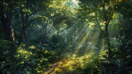 Sunlight filtering through the dense foliage of an ancient forest, casting enchanting patterns of...