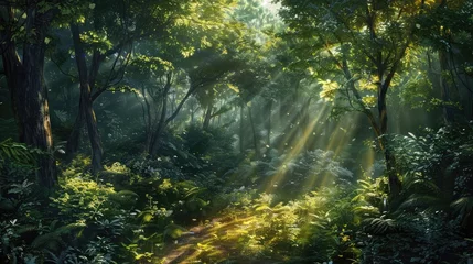 Draagtas Sunlight filtering through the dense foliage of an ancient forest, casting enchanting patterns of light and shadow on the forest floor. © Khalif