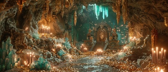 An underground 3D treasury in a fantasy realm, filled with sparkling crystals, mythical artifacts, and piles of gold, guarded by mystical creatures