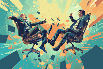 Fiercely competitive businessmen engage in a high-stakes office chair race, each determined to outperform and outshine their colleagues in a display of workplace rivalry