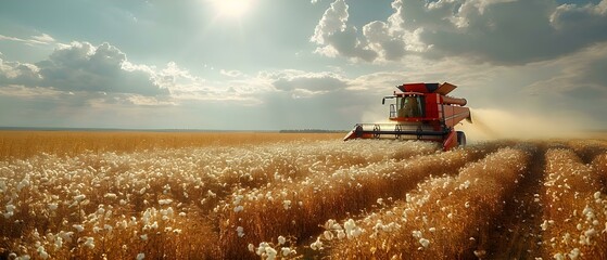 Combining Cotton in a Vast Field. Concept Agricultural Innovation, Sustainable Farming, Cotton Harvest Techniques, Field Cultivation Practices
