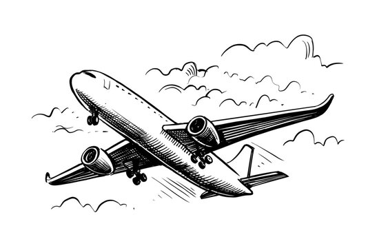 Vacation Travel Airplane. Plane in sky drawing Hand drawn sketch