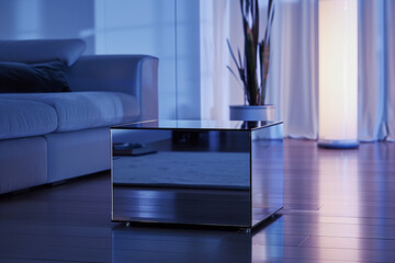 A sleek, minimalist side table with a reflective glass surface, catching the ambient light in a modern living room.