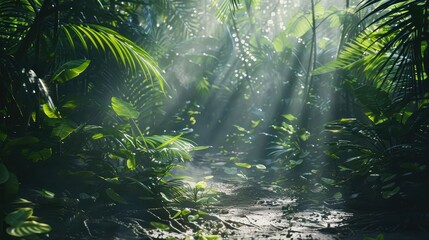 Sunlight filtering through the dense foliage of a tropical rainforest, creating a mosaic of light...