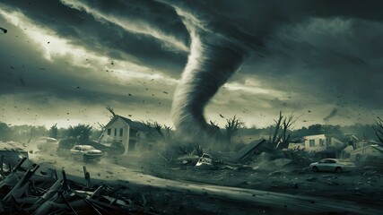 Devastating tornado strikes Central Iowa, causing destruction and chaos. Concept Natural Disasters, Tornadoes, Emergency Response, Weather Events, Community Support - obrazy, fototapety, plakaty
