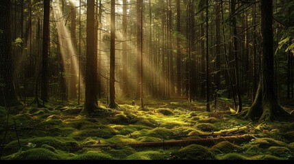 Sunlight filtering through the canopy of a dense forest, casting a warm glow on the moss-covered ground below. - obrazy, fototapety, plakaty