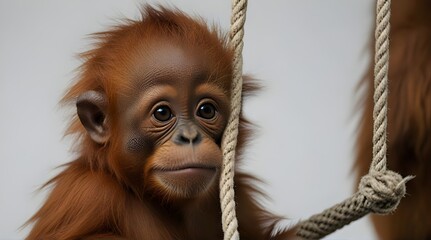 Baby Sumatran Orangutan hanging on rope against white background .Generative AI - obrazy, fototapety, plakaty