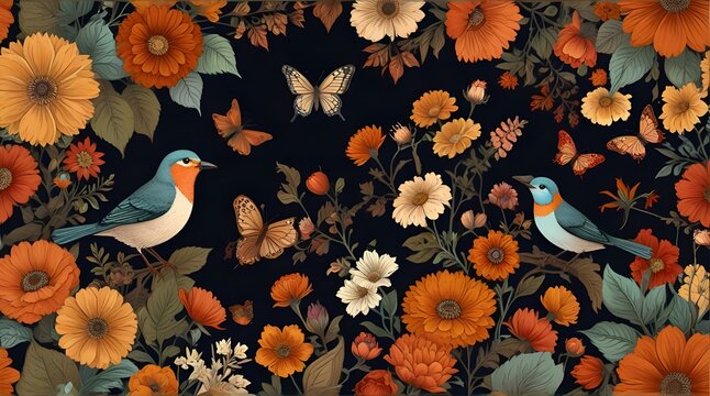 Autumn Garden, Vector horizontal card, Vintage floral elements, Flowers, birds, butterflies .Generative AI