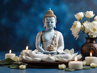 Buddha statue with white lotus flowers and candles on blue background. Happy Vesak Day.