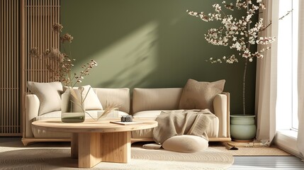 a comforting living room ambiance featuring a green wall, round wooden table, beige sofa, and a touch of traditional decor with a kimono attractive look - obrazy, fototapety, plakaty