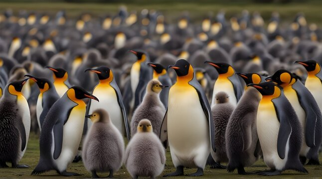 Adult King Penguin (Aptenodytes patagonicus) standing amongst a large group of nearly fully grown chicks at Volunteer Point in the Falkland Islands .Generative AI