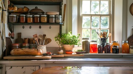 A cozy farmhouse kitchen with homemade preserves and fresh bread on the counter - obrazy, fototapety, plakaty