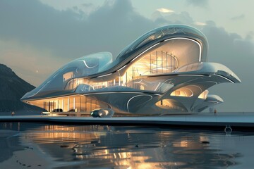 Fototapeta na wymiar A futuristic opera house with a translucent shell-like structure