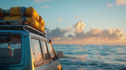 Car on a background of the sea at sunset. Travel by car.