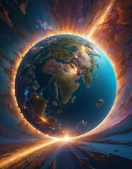 A dynamic representation of Earth's formation, with a cosmic explosion illuminating the birth of a planet, ideal for space concepts.