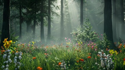 Lush Green Forest With Flowers