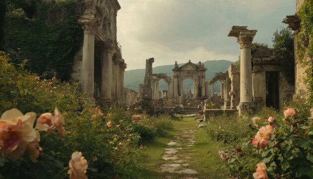 Ancient stone ruins, adorned with columns and arches, stand in stark contrast to the surrounding blooming garden, suggesting a narrative of nature reclaiming history