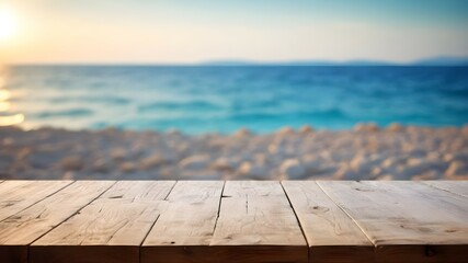 Wooden table blurred Croatian sea in Vodice background. - obrazy, fototapety, plakaty