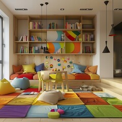 House design, neutral colored wall, carpet with national emblem, with a neat and colorful library, a reading corner, a neat and minimalist table and chairs, a sofa with plenty of colorful mats
