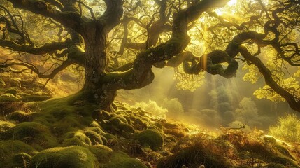 Sunlight filtering through the branches of an ancient oak tree, illuminating a moss-covered forest floor with a golden hue.