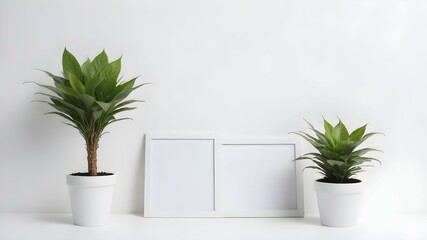 Two photo frames and a plant in pot on white